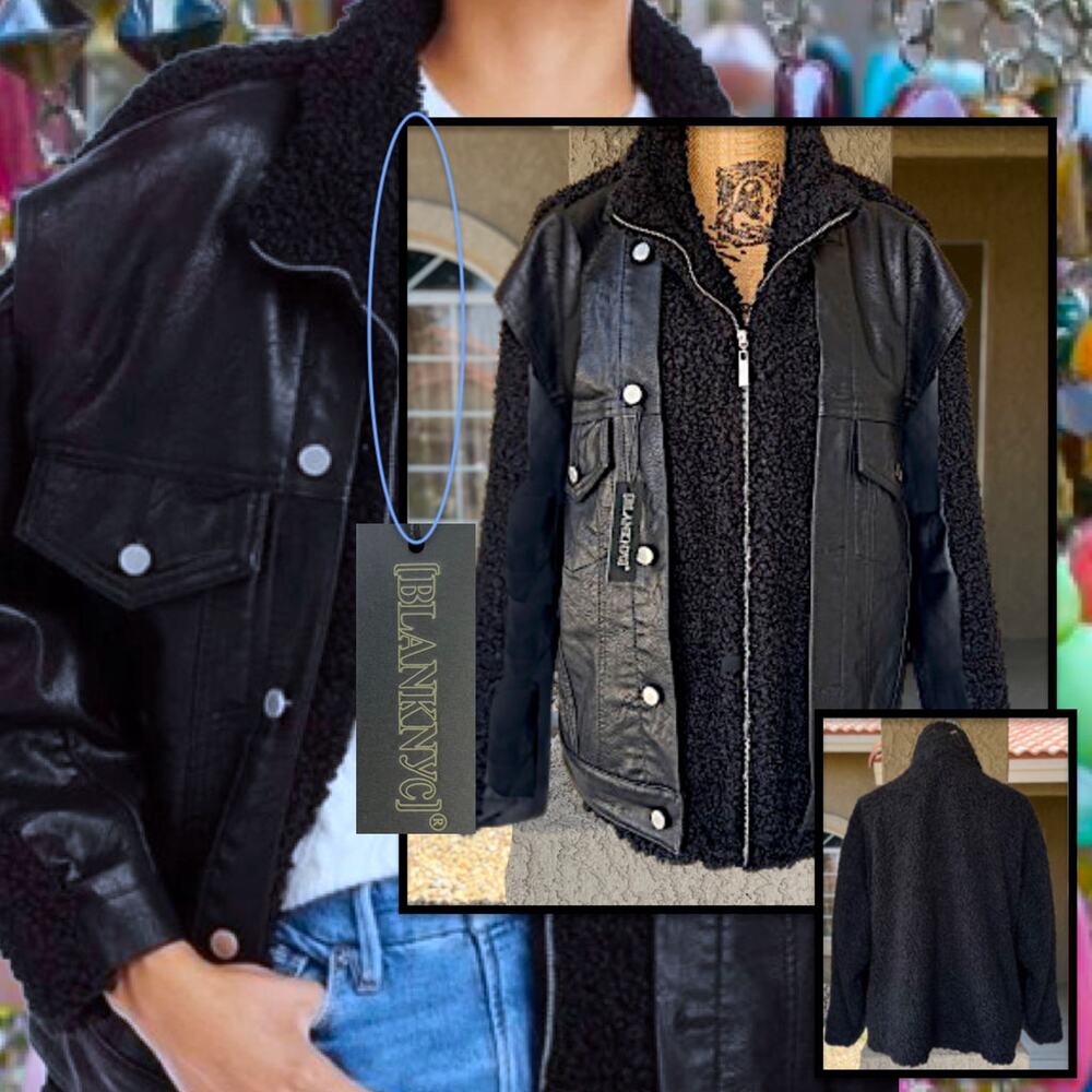 Blank NYC Black Faux Leather an Sherpa Combo Jacket Oversize Zip Up Size S  NWT